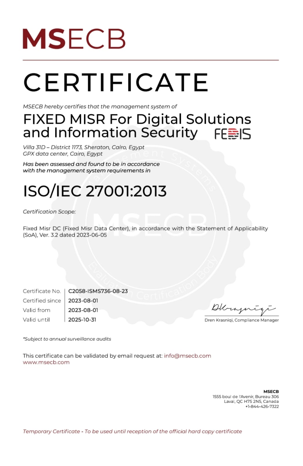 «فيكسد مصر» تحصل على الأيزو «ISO/IEC 27001:2013» في الأمن السيبراني